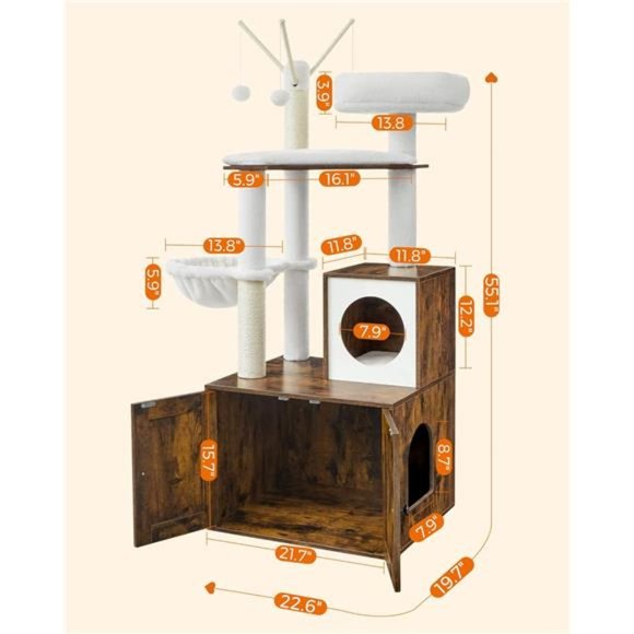 2-in-1 Modern Tower Cat Condo Cat Tree with Litter Box Enclosure, Rustic Brown - Picture 6 of 8